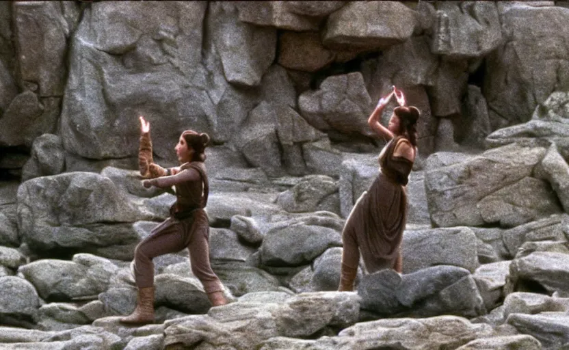 Image similar to screenshot of Princess Leia lifting floating rocks outside a Jedi Temple scene from The Force Awakens, 1970s film by Stanley Kubrick, serene, iconic scene, stunning cinematography, hyper-detailed, sharp, anamorphic lenses, kodak color film, 4k
