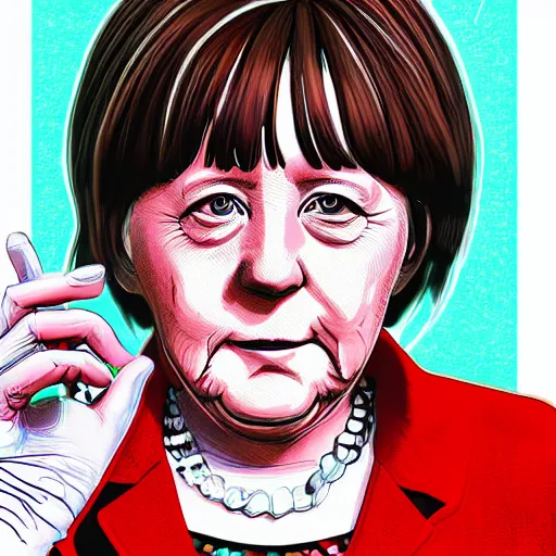 Image similar to full view of angela merkel from serial experiments lain, style of yoshii chie and hikari shimoda and martine johanna, highly detailed