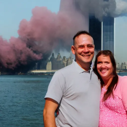 Prompt: a close up of a smiling couple of parents to be, in front of 9 / 1 1 with pink smoke, clear details, award winning