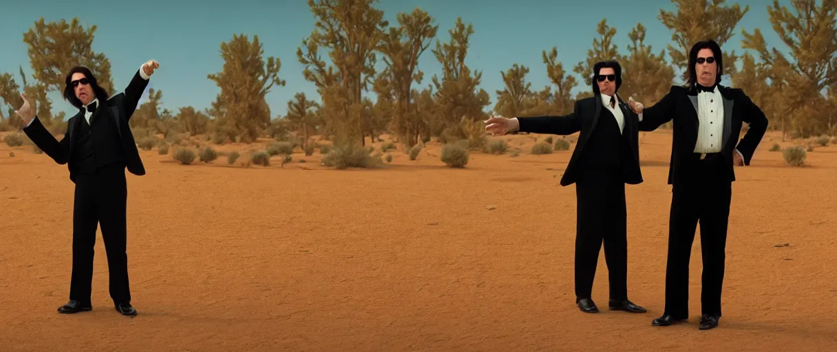Image similar to wes anderson award - john travolta as vincent vega suprised gesture nobody there ghost town tumbleweed bushes on ground shrugging hand at waist level. standing in black suit high noon golden ratio, 4 k, detailed, art by jamie hewlett and greg rutkowsky, trending on artstation, cinematic lighting, filmic grain, golden hour, detailed, 4 k