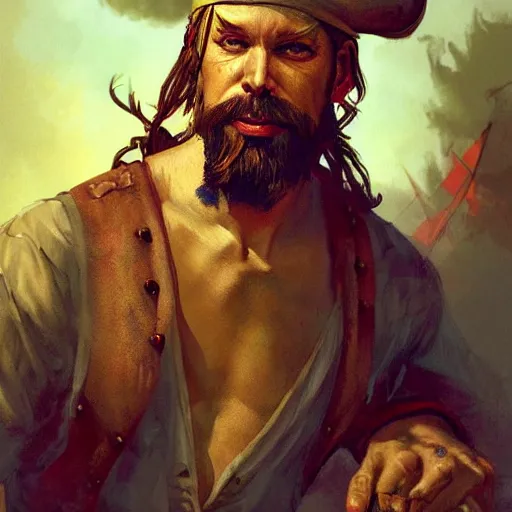 Image similar to painterly bearded pirate, painted fantasy character portrait, headshot, fantasy, highly detailed, digital painting, artstation, concept art, sharp focus, illustration, art by the golden age of American illustration archive, simon bisley and frank frazetta, artgerm and greg rutkowski and alphonse mucha