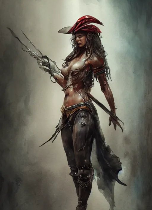 Image similar to full body concept art very wet watercolor of a female pirate, airbrushed painting, stunning, featured on artstation, cinematic lighting, hyperdetailed, cgsociety, 8k, dramatic, dark atmosphere, alluring