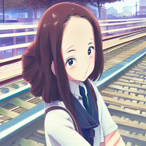 Prompt: portrait of the lone girl waiting for train at the station, anime fantasy illustration by tomoyuki yamasaki, kyoto studio, madhouse, ufotable, trending on artstation