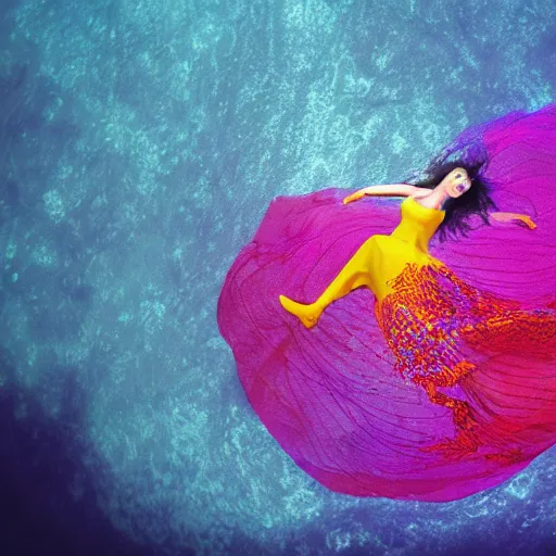 Prompt: woman dancing underwater wearing a flowing dress made of many layers of blue, magenta, and yellow translucent lace, elegant coral sea bottom, swirling silver fish, octane render, caustics lighting from above, cinematic