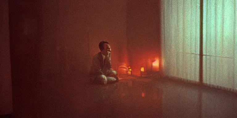 Image similar to photorealistic Cinematography of a man crying on the floor at night in a mid century modern apartment shot on film at magic hour in a room filled with volumetric haze by the shining Cinematographer john alcott on a cooke panchro 18mm lens .