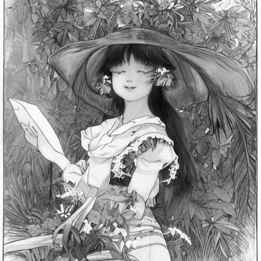 Image similar to a mucha alphonse of reimu in the jungle wearing bonnet