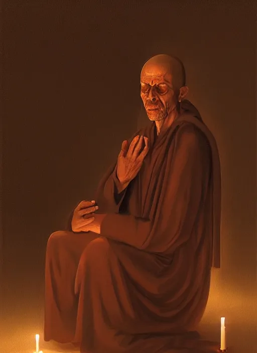 Prompt: oil painting portrait of a weeping sobbing tonsured dominican monk in a brown habit, kneeling in a moonlit empty chapel at night, hazy, digital art, artstation, cinematic, moonlight, digital art painting by greg rutkowski, hazy atmosphere, candles, cinematic lighting