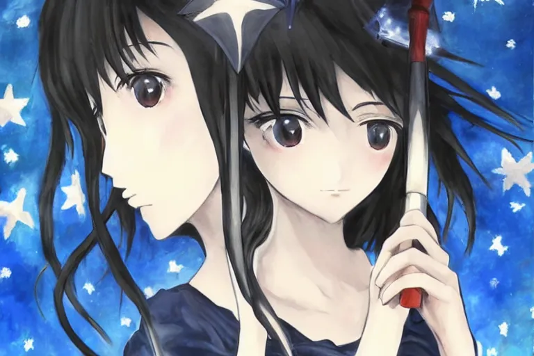 Prompt: mayuri shiina from steins gate, beautiful anime, oil painting, holding a umbrella, looking to stars, cute anime , in blue dress, super detailed , beautiful anime art
