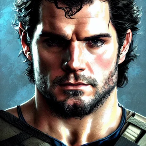 Image similar to portrait of henry cavill as solid snake, metal gear solid, upper body,, henry cavill!!!, fantasy, intricate, elegant, highly detailed, digital painting, artstation, concept art, smooth, sharp focus, illustration, art by artgerm and greg rutkowski and alphonse mucha