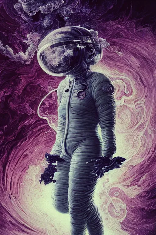 Prompt: close up shot of a full body floating woman in space suit smoke elemental fading into white smoke, high contrast, james gurney, peter mohrbacher, mike mignola, black paper, mandelbulb fractal, trending on artstation, exquisite detail perfect, large brush strokes, bold blacks and pinks and blues tones, intricate ink illustration, black background