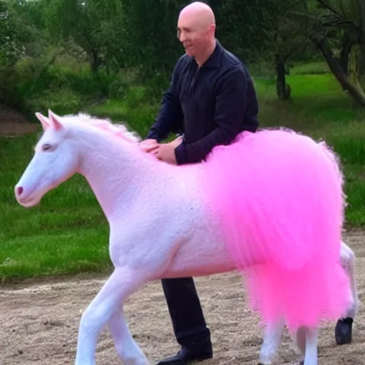 Image similar to bald man riding a pink pony