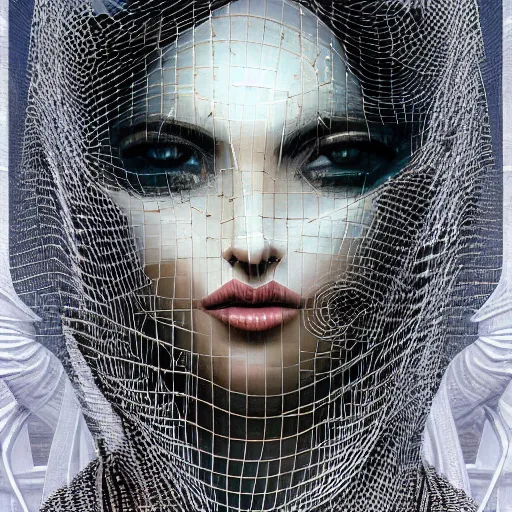 Image similar to detailed face of an arabic woman, opulent wireframe courtyard, moment, tectonic sky, skydome, reactor, utopian, tech noir, wet reflections, prism, atmospheric, ambient, pj crook, syd mead, livia prima, artgerm, greg rutkowski, nick alm, casey baugh