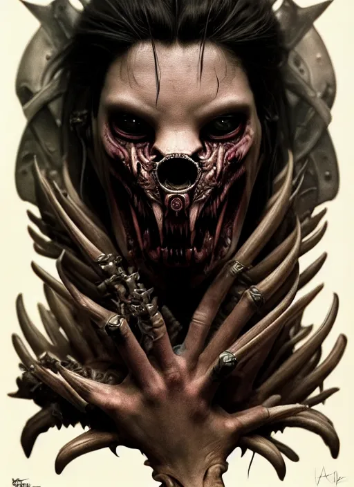 Image similar to ultra realistic, predator, male, fangs, goth, tattoos, leather, fantasy, flesh, bone, body horror, intricate details, eerie, highly detailed, octane render, 8 k, art by artgerm and alphonse mucha and greg rutkowski