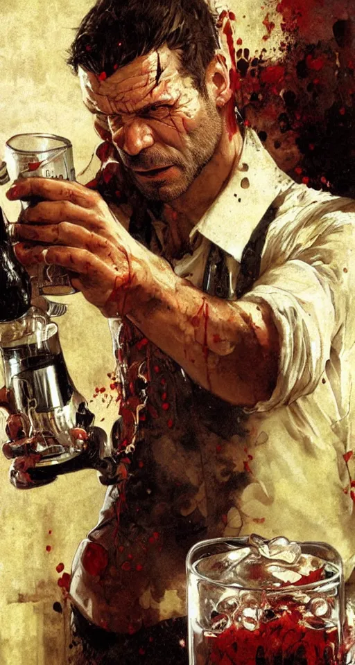 Image similar to close up of bloodied max payne pouring a drink, sun shining, photo realistic illustration by greg rutkowski, thomas kindkade, alphonse mucha, loish, norman rockwell.