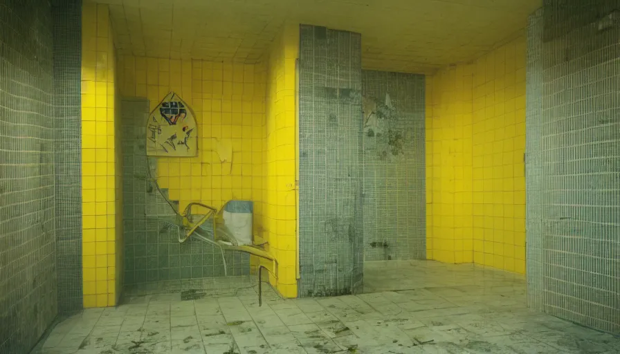 Image similar to 60s movie still of a sovietic stalinist style empty prison shower with yellow tiles and a bloody corpse, cinestill 800t 50mm eastmancolor, liminal Space style, heavy grain-s 150