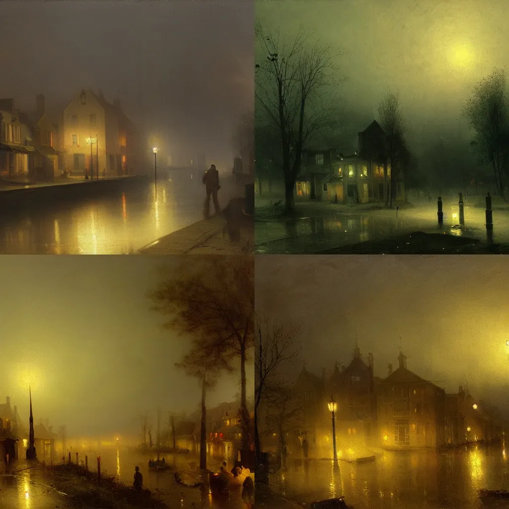 Prompt: detailed painting of suburbia at night, 1 9 4 0, mystical fog, andreas achenbach
