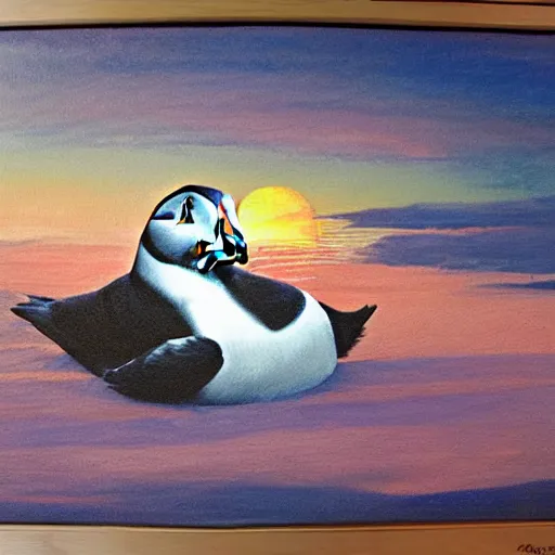 Image similar to puffin sleeping in an oversized bed, sunset