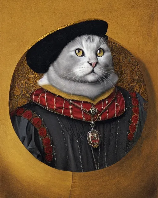 Prompt: fat gray cat with yellow eyes dressed like henry viii, tudor period clothing in scarlet gold and black, hans holbein the younger, greg rutkowski, royal portrait, painting