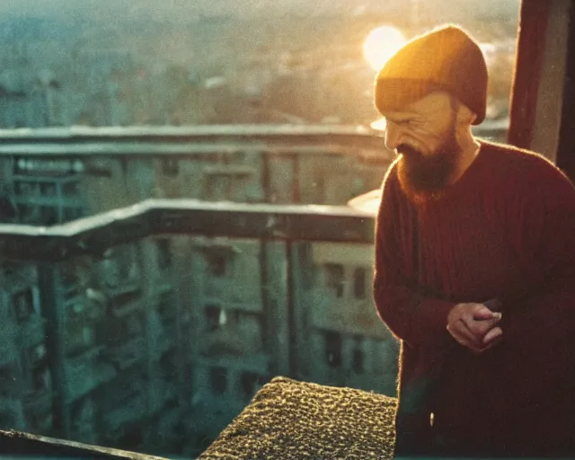 Image similar to lomographic tarkovsky film still of 4 0 years russian man with beard and sweater standing on small hrushevka 9 th floor balcony in taiga looking at sunset, perfect faces, cinestill, bokeh