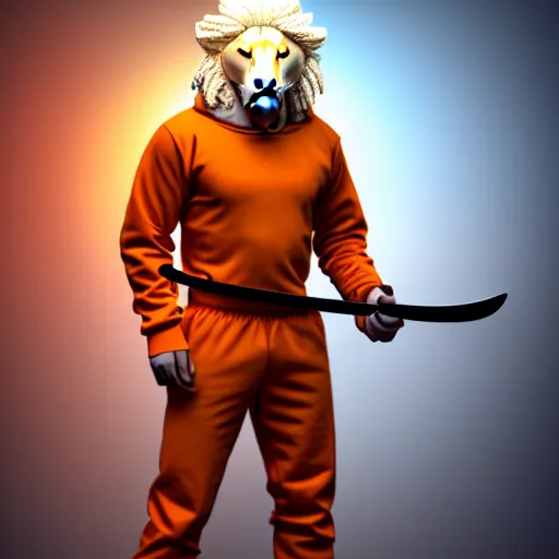 Image similar to commission of a fit male anthro albino lion holding a sword wearing an orange tracksuit,SFW,artstation,deviantart, science fiction industrial hard science concept art, 8K render octane high definition cgsociety