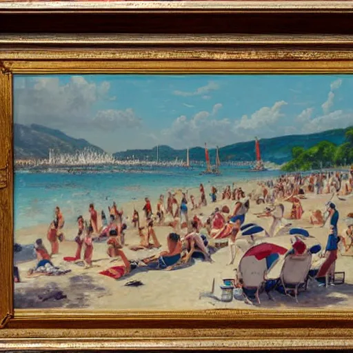 Prompt: crowd of rich people on a private beach chilling in the style of Emanuel Witz, Swiss painter, restored