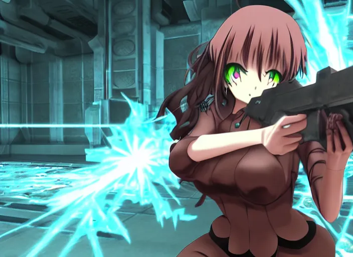 Image similar to an anime girl in a screenshot of the video game doom, the anime girl is crouching