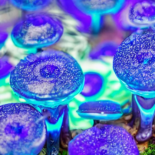 Prompt: blue glowing jello mushrooms in a mystical forest, high detail