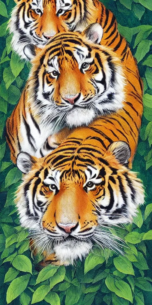 Prompt: greeting card, love, 2 beautiful siberian tigers, by tran nguyen, warm colors, cozy