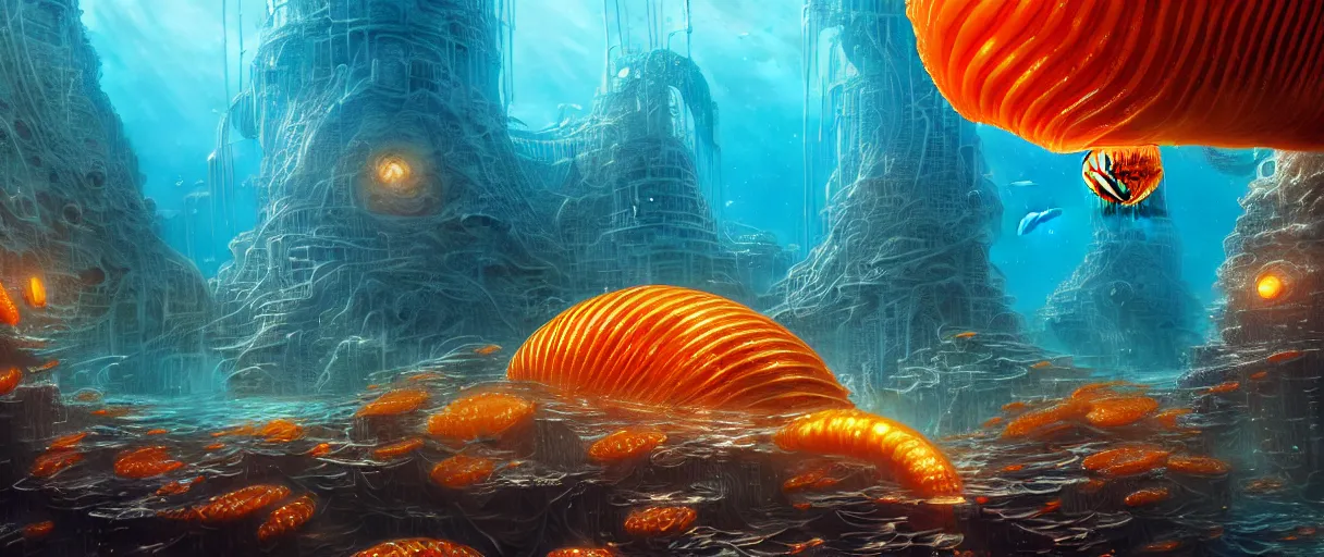 Prompt: hyperrealistic hyper detailed underwater bio-morphic city of atlantis guarded by giant orange and yellow cyborg jellyfish matte painting concept art maciej kuciara hajime sorayama cinematic soft red lighting low angle hd 8k sharp shallow depth of field