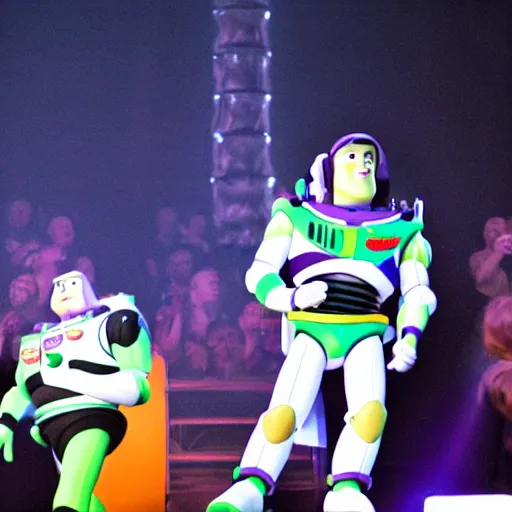 Prompt: buzz lightyear performing on his yeezus tour