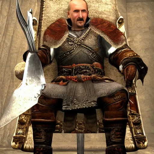 Prompt: Alexander Lukashenko as a Jarl in The Elder Scrolls V: Skyrim sitting on his throne