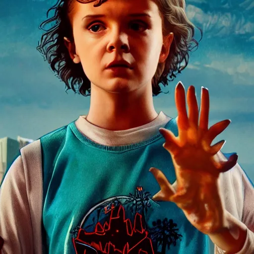 Image similar to Eleven from Stranger Things using her powers on the Statue of Liberty HD hyper detailed photorealistic
