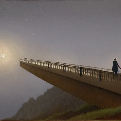 Image similar to A beautiful painting of person walking on the bridge , moon shining in the sky, trending on artstation, oil on canvas by Casper David Friedrich