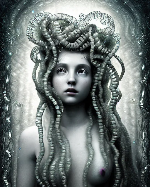 Image similar to surreal mythical dreamy underwater artistic bw photo of a beautiful young female angelic - medusa - cyborg covered with fish scales and algae, highly detailed, intricate crystal ivy jelly fish scales ornate, poetic, octane render, 8 k, photo - realistic, in the style of gustave dore and preraphaelites