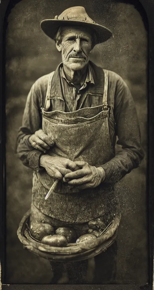 Prompt: a highly detailed digital collodion photograph, a portrait of a farmer