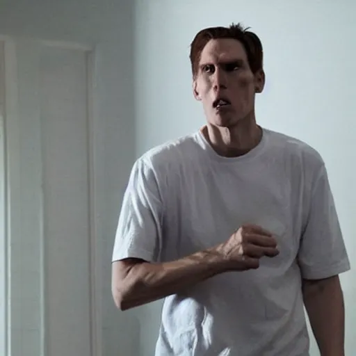 Image similar to Live Action Still of Jerma in Psycho, real life, hyperrealistic, ultra realistic, realistic, highly detailed, epic, HD quality, 8k resolution, body and headshot, film still