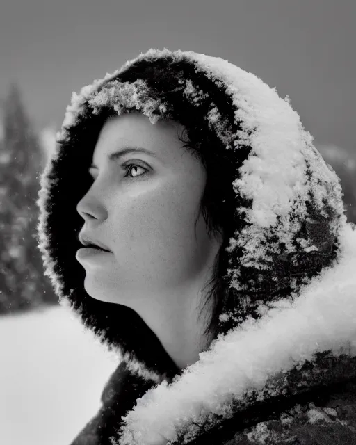 Image similar to a woman's face in profile, made of a snow capped Swiss mountain, in the style of the Dutch masters and Gregory Crewdson, dark and moody