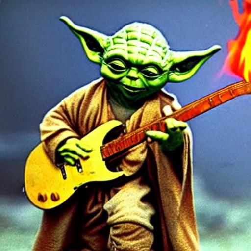 Prompt: yoda performing at woodstock in the year 1969 with a flaming guitar on stage, hyper realistic, 8k, real, photo