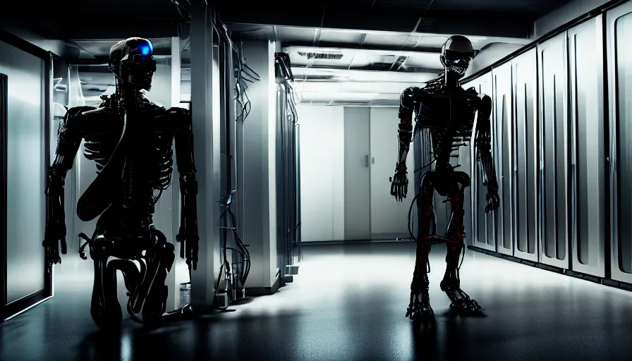 Prompt: terminator without flesh, staying in front of data center room. extreme long shot, high detail, cinematic colors