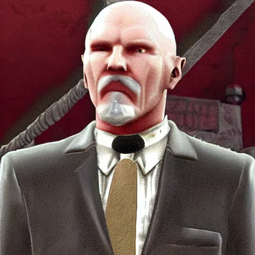 Prompt: Close up screenshot of Janusz Korwin-Mikke in the game Fallout: New Vegas (2010), screenshot from Fallout: New Vegas (2010)