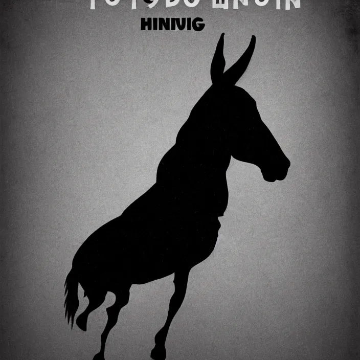 Prompt: 1 9 2 0 s horror movie poster featuring the silhouette of a head of a donkey, dark atmosphere, minimalist, sharp focus, smooth, dramatic lighting, 8 k