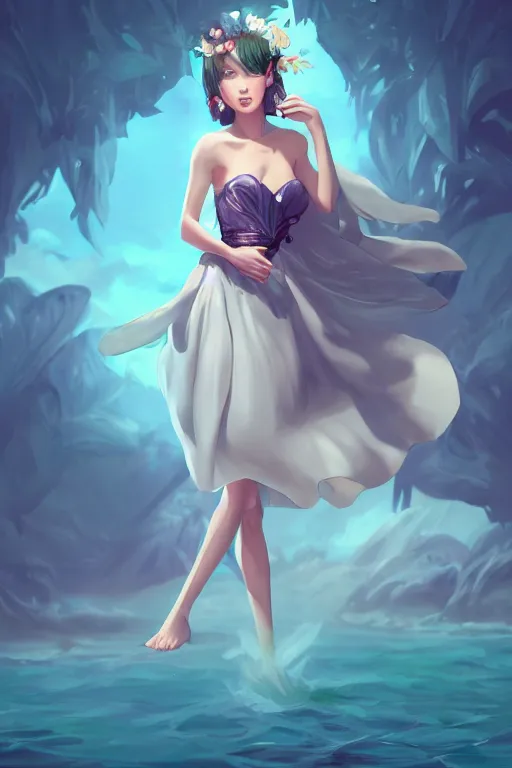 Image similar to a beautiful fashion goddness of love, chic strapless dress, tropical sea background, character design, in the style of artgerm, and wlop, cinematic lighting, hyperdetailed, 8 k realistic, symmetrical, global illumination, radiant light, frostbite 3 engine, cryengine, dof, trending on artstation, digital art