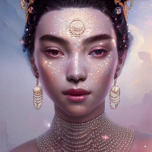 Image similar to a beautiful portrait of a pearl goddess with glittering skin by greg rutkowski and raymond swanland, trending on artstation, ultra realistic digital art