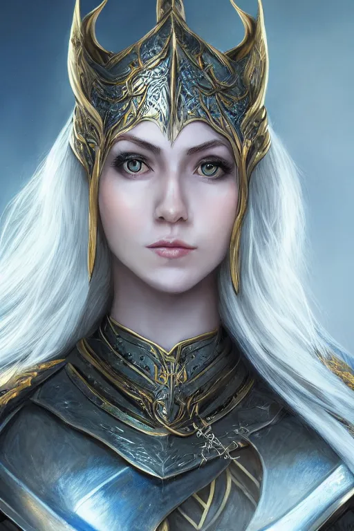 Prompt: highly detailed full body portrait painting of a proud young female elven knight in the style of Warhammer Fantasy by Artgerm and Arian Mark, medium length blonde hair, blue eyes, sapphire earrings, no helmet, low angle shot, highly detailed, trending on artstation, cgsociety, 4k, 8k, HDR, octane render, unreal engine