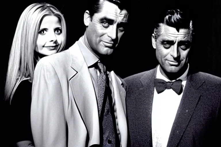 Image similar to cary grant as giles in buffy the vampire slayer, along side sarah michelle gellar 1 9 9 8