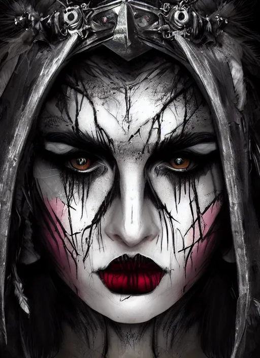 Image similar to digital art of a young woman in dark shamanistic ritual clothing accented by black feathers, dark ravenlike makeup on her face, post apocalyptic, dystopian, high resolution, highly detailed, fallout, raider, 4 k, artstation, sharp lines