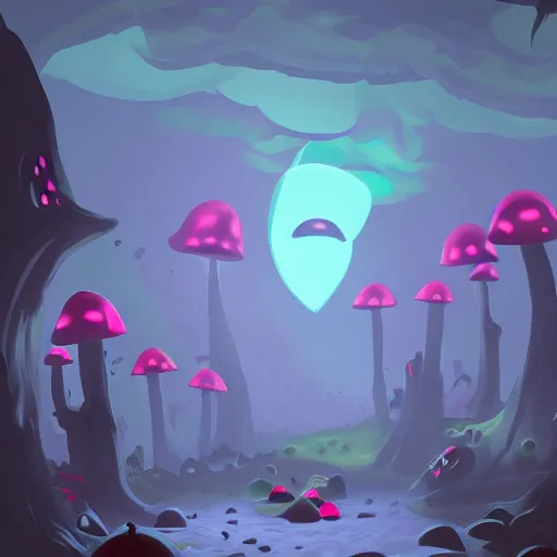 Image similar to a dark cave with glow - in - the - dark mushrooms, artstation, illustration