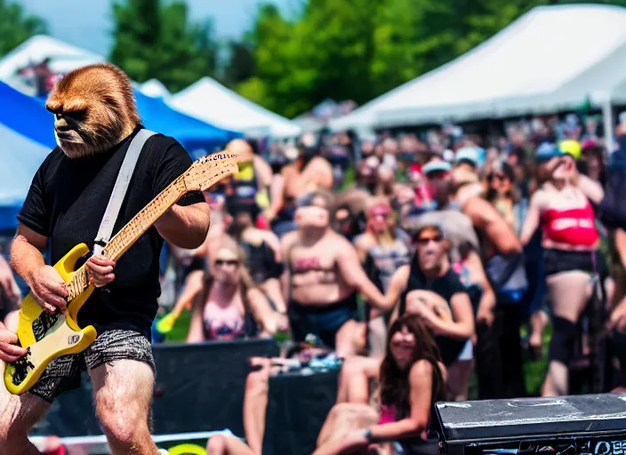 Image similar to photo still of sasquatch on stage at vans warped tour!!!!!!!! at age 4 8 years old 4 8 years of age!!!!!!! throwing rocks and berries at the crowd, 8 k, 8 5 mm f 1. 8, studio lighting, rim light, right side key light