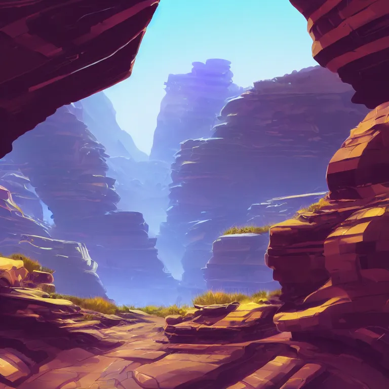 Image similar to marketing game illustration, distortion camera of a scifi road into the rocks canyon very fast feeling in the style of Blizzard and Riot Games