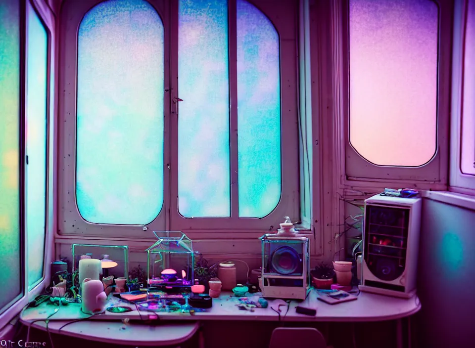 Image similar to telephoto 7 0 mm f / 2. 8 iso 2 0 0 photograph depicting the experience of calm in a cosy cluttered french sci - fi ( art nouveau ) cyberpunk apartment in a pastel dreamstate art cinema style. ( iridescent terrarium!, computer screens, window, leds, lamp, ( ( ( bed ) ) ) ), ambient light.